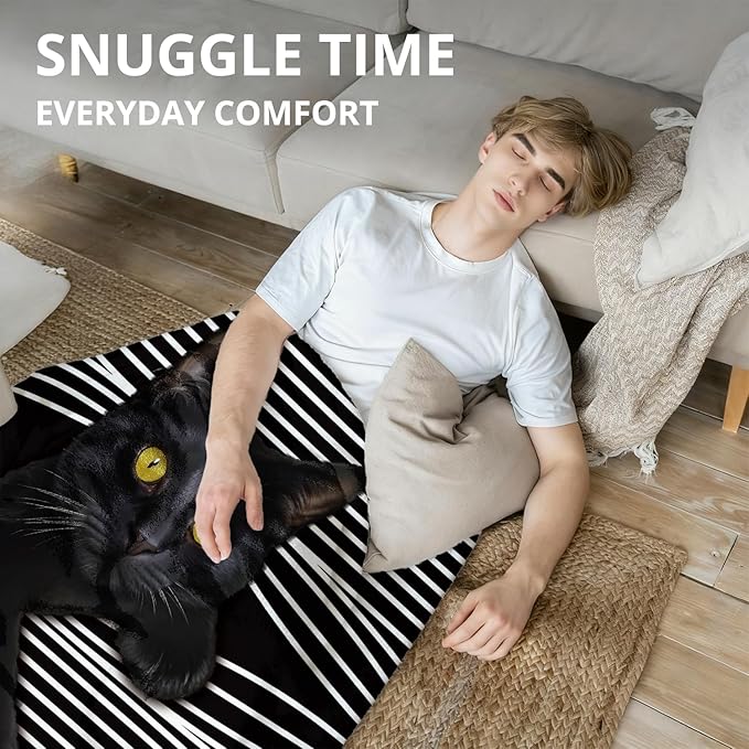 Funny Black Cat Blanket, Funny Cats Black and White Striped Throw Blankets for Home Bedroom Living Room Couch Bed Decor, Black Cat Mom Lovers Gifts for Women, 50x60 Inch