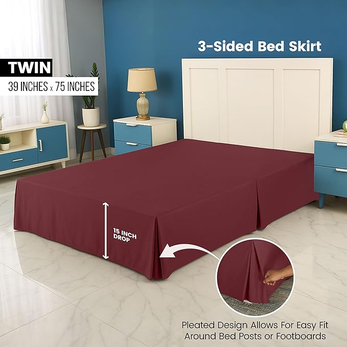 Utopia Bedding Twin Bed Skirt - Soft Quadruple Pleated Ruffle - Easy Fit with 15 Inch Tailored Drop - Hotel Quality, Shrinkage and Fade Resistant (Twin, Burgundy)