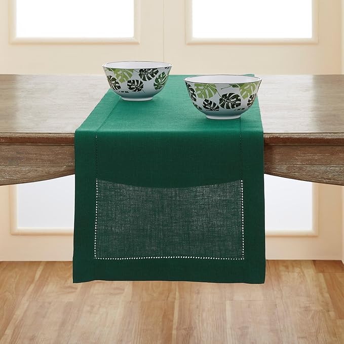 Solino Home Linen Rainforest Green Hemstitch Table Runner 48 Inches - 100% Pure Linen Small Table Runner 14 x 48 Inch Ideal for Dresser and Coffee Tables - Classic Hemstitch - Christmas, New Year