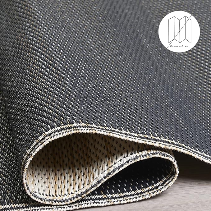 Fab Habitat Striped Neutral Outdoor Rug - Waterproof, Fade Resistant, Crease-Free, Reversible - Premium Recycled Plastic - Patio Porch Balcony Deck - Cancun Shadow SandBlack - 8x10 ft