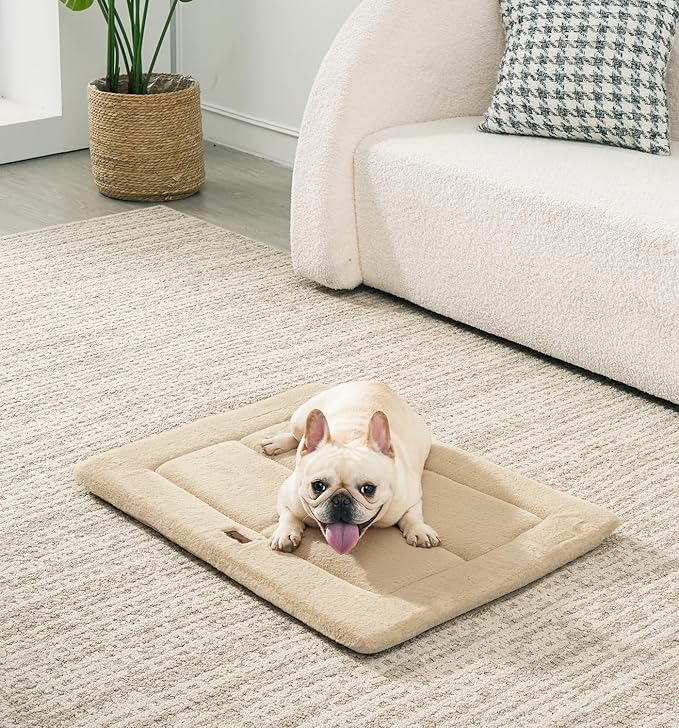 Made4Pets Dog Crate Pad Bed for Small Dogs, Washable & Reversible, Anti-Slip Kennel Mat for Cozy Sleeping, Soft Fluffy Dog Bed for Indoor & Outdoor Use, 24"x18", Beige