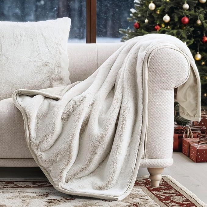EVERGRACEHOME Ultra Soft Luxury Fluffy Mink Faux Fur Throw Blanket, Thick Warm Fall Winter Blankets for Bed, Couch, Cozy Plush Reversible Blanket for Chair, Sofa (Tipped Champagne Ivory, 60"x80")
