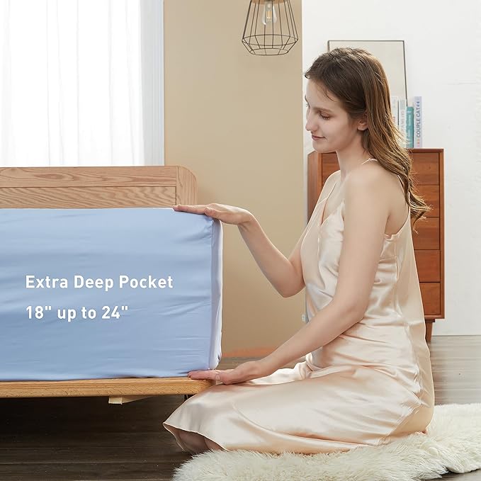 Sunflower Queen Fitted Sheet, 1-Piece Extra Deep Pocket Fitted Bottom Sheet 22", 100% Cotton Sateen Soft Breathable, Powder Blue