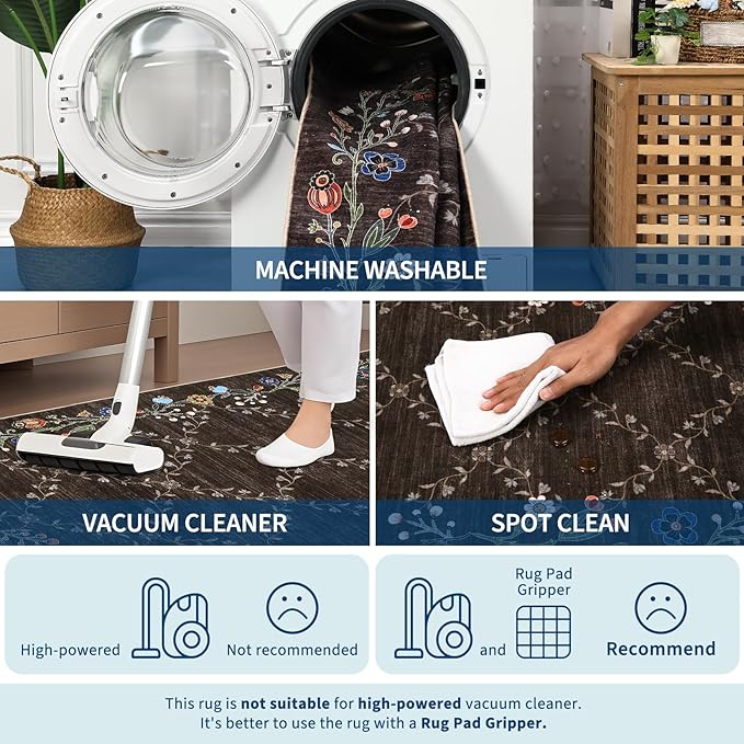 GarveeHome 9x12 Washable Floral Area Rugs for Living Room: Modern Floral Non Slip Large Area Rugs for Bedroom, Large Machine Washable Living Room Low Pile Carpet with Non-Slip Backing Brown 9'x12'.