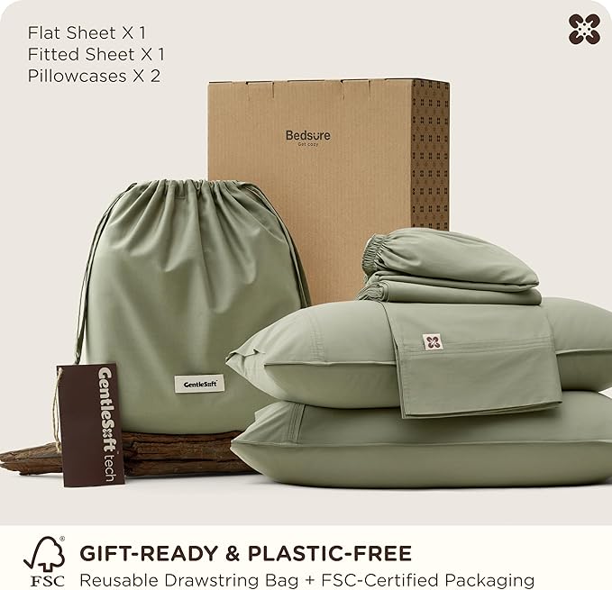 Bedsure Cooling Sheets, Rayon Derived from Bamboo & Cotton Blend, GentleSoft, Breathable, Queen Sheet Set, Deep Pocket Up to 18 Inches, Hotel Luxury Bedding for Hot Sleepers, Tea Green