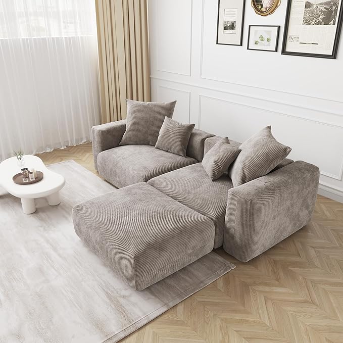 JACH Sectional Couches for Living Room, Modern Corduroy Modular Sectional Couch with Chaise Ottoman, Cushion Covers Removable, Corduroy Sofas Couches for Living Room, Office (Light Brown)