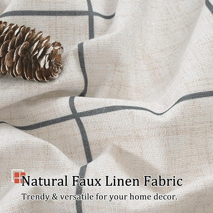 Plaid Curtains Pattern Printed 90 Inches Long - Total Linen Blackout Curtains for Living Room, Boho Grommet Drapes for Farmhouse Thermal Drapery 52x90 Inch 2 Panels, Dark Grey