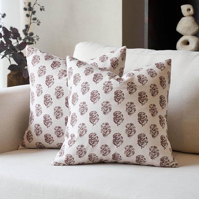 DOMVITUS Set of 2 Floral Pillow Covers 20x20, Block Print Pillow Covers Vintage Neutral Decorative Farmhouse Throw Pillow Covers for Couch Bed Living Room Brown