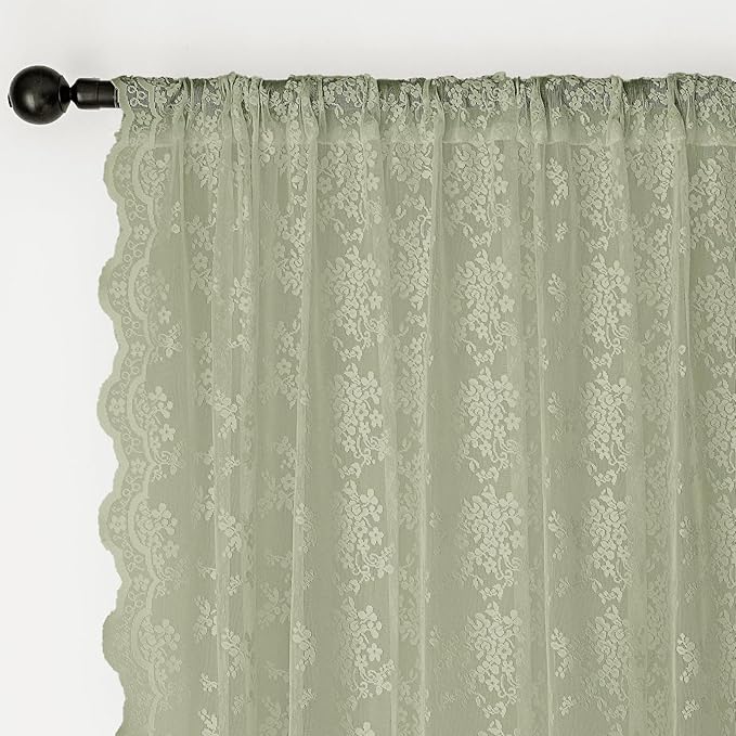 Anmao Vintage Lace Curtains 90 Inches Long 2 Panels Set, Romantic Elegant Light Filtering Semi Sheer Floral Thick Lacy Curtain Drapes for Living Room and Bedroom, Each Panel 55W x 90L, Dry Grass Green