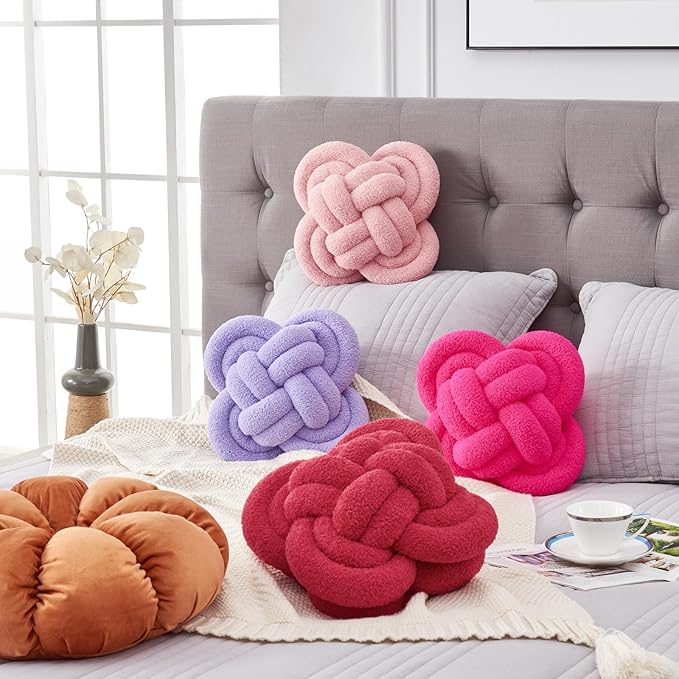 Xiashrk Knot Pillow Ball, 12" Soft Decorative Throw Pillows for Couch Bed, Gray Pink Knotted Plush Throw Pillow Handmade Square Cushion Home Couch Decor Pillows for Living Room