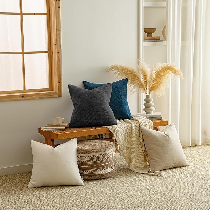 a moment Pack of 2 Decorative Chenille Throw Pillow Covers with Twill Cushion Covers for Sofa Living Room Couch Bed 22x22 Inch Black