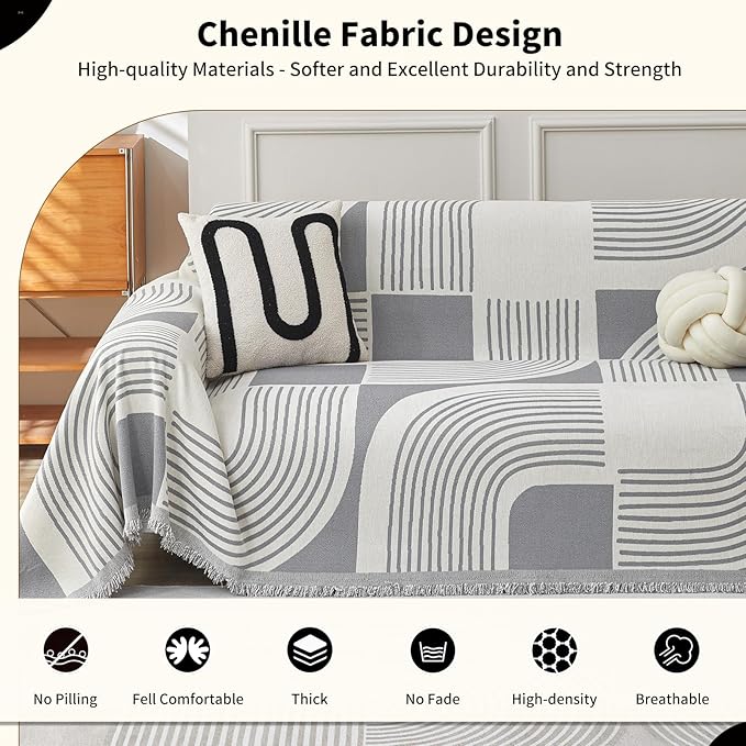 Boho Couch Cover Sofa Covers Washable, Chenille Couch Covers for 3 Cushion Couch Sofa Pet Friendly, Bohemian Sofa Slipcovers for Sectional Sofa, Loveseat, 2 3 4 Seater (71" x 102", Grey)