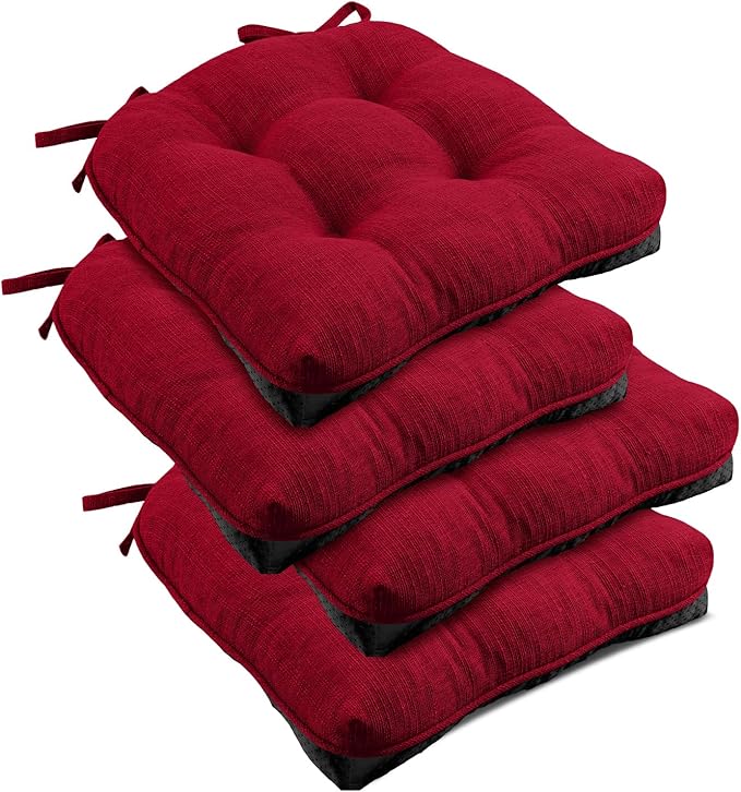 downluxe Indoor Chair Cushions for Dining Chairs, Tufted Overstuffed Textured Kitchen Chair Pads with Ties and Non-Slip Backing, 15.5" x 15.5" x 4", Red, 4 Pack