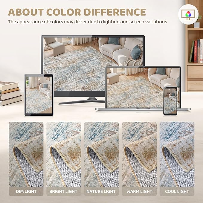 Area Rug for Living Room: 12x15 Washable Neutral Abstract Modern Soft Rugs Non Slip Indoor Floor Stain Resistant Large Carpet for Bedroom Dining Room Office Nursery - Blue Brown