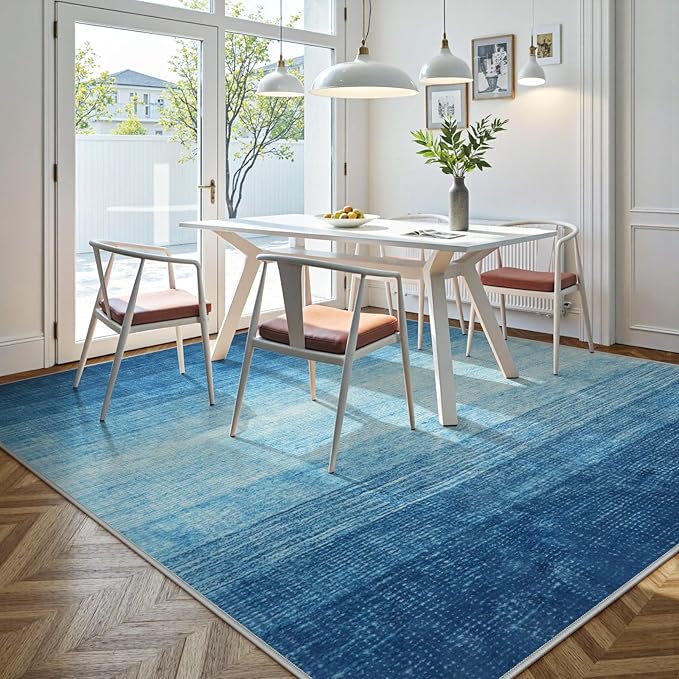 Wonnitar Modern Ombre Washable 5x7 Area Rugs, Large Blue Rug for Bedroom, Non-Shedding Living Room Throw Rug, Non-Slip Abstract Dining Room Floor Carpet for Bedside Kids Room (Blue, 5'x7')