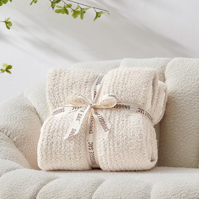 Snuggle Sac Queen Size Oversized Super Soft Bed Blanket - Warm & Cozy Knit Fuzzy Microfiber Blankets in Heather Ivory, 90 x 90