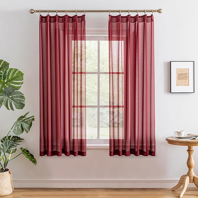 MAIHER 63 Inch Length Pinch Pleat Curtains for Bedroom Light Filtering Burgundy Sheer Curtain Panels Soft Touch Pleated Drapes with Adjustable Hooks (No Rings), Burgundy, 42" W x 63" L, 2 Panels
