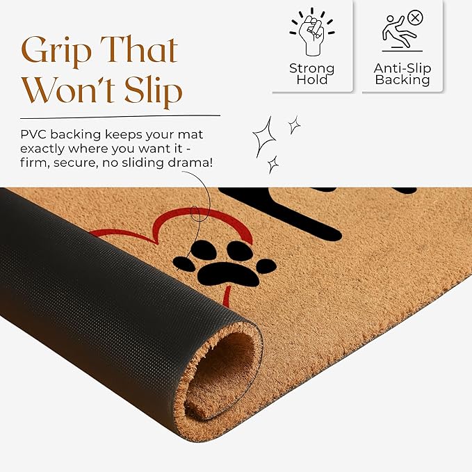 Coir Door Mats 17" X 30", Non-Slip Sturdy, PVC Backed Heavy Duty, Easy to Clean, Ideal for Door Entrance, Patio, Porch, Backyard, Garages, Home with The Love of Paws