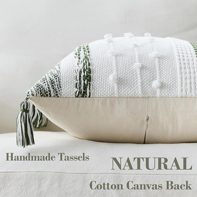 Boho Pillow Cover 18x18 Olive Green - Handmade Woven Textured Throw Pillow Case with Cordings & Tassels, Decorative Accent for Couch Sofa Farmhouse Living Room Home Decor