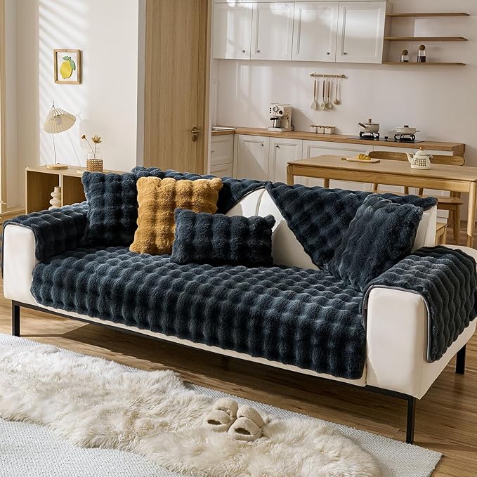 Faux Fur Couch Cover Fuzzy Soft Plush Thick Bubble Sofa Cover Luxury Sectional Couch Covers Luxury Anti-Slip Sofa Slipcover Washable Furniture Protector (Dark Grey,28"x47")