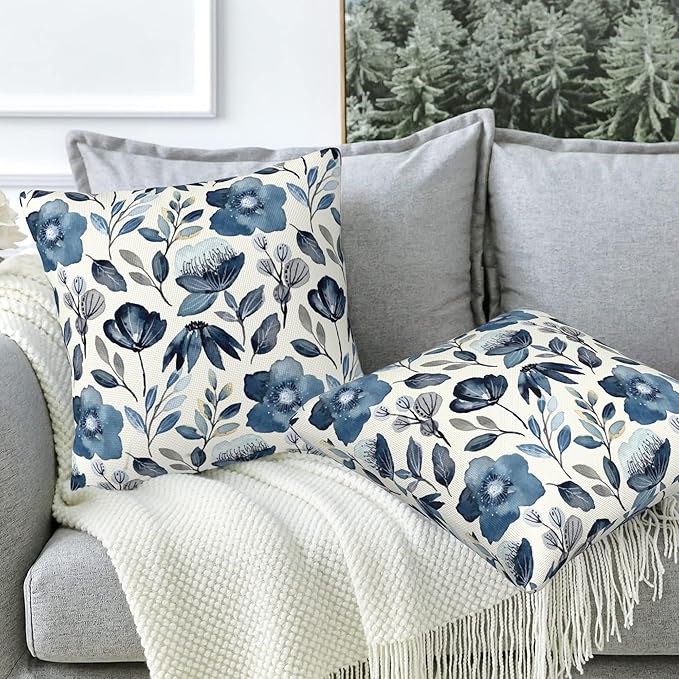 Throw Pillow Covers Blue Floral Pillow Covers 18x18 Inch Set of 2 Throw Pillows Decorative Pillow Cases Cushion Covers for Bedroom Livingroom Sofa Farm House