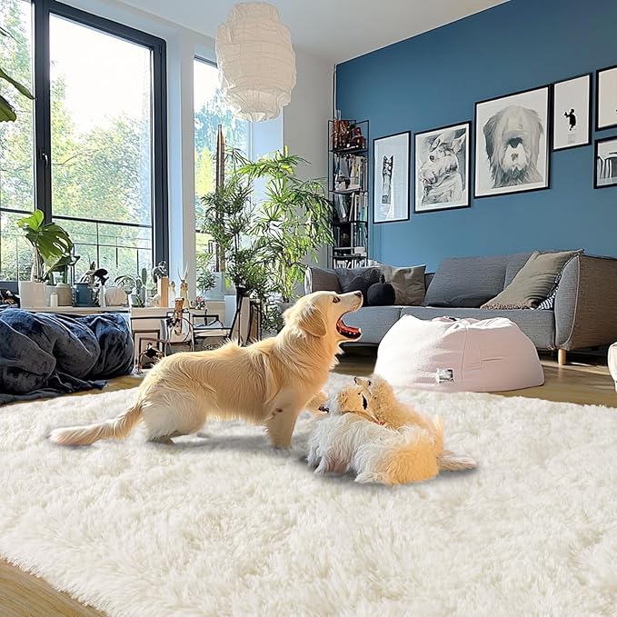 Cream White Plush Rug for Living Room Fuzzy Carpet for Bedroom Dorm, Non-Slip High Pile Rug, Shag Rug for Playroom Nursery Home Office Decor 8X10 Ft