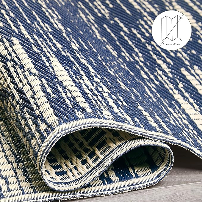 Fab Habitat Outdoor Rug - Waterproof, Fade Resistant, Crease-Free - Premium Recycled Plastic - Distressed Abstract Stripes - Large Patio, Deck, Sunroom, Camping, RV - Brooklyn - Blue - 6 x 9 ft