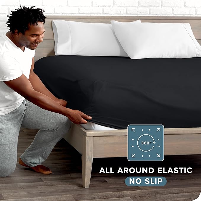 Bare Home Fitted Bottom Sheet Twin Size - Premium 1800 Microfiber - Ultra-Soft Hotel Luxury - Deep Pocket - Durable and Long Lasting - Fitted Sheet (Twin, Black)
