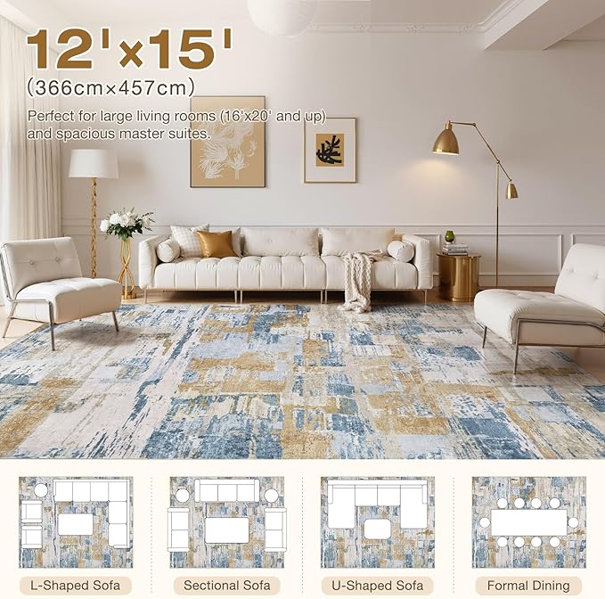 Abstract Living Room Rug 12x15 - Modern Washable Soft Thin Area Rug for Living Room Bedroom Under Dining Table - Neutral Indoor Floor Rug Carpets for Home Office Playroom Nursery - Blue Gold