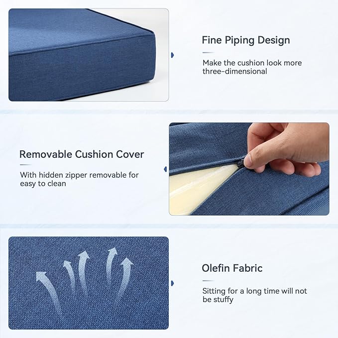 Luxury 6" Outdoor Cushions for Patio Furniture, 24x24x6" Thick Seat Cushion Set of 9, Fade Resistant Couch Chair Replacement Cushions High Density Deep Wicker Chair Cushion w/ Removable Cover, Blue