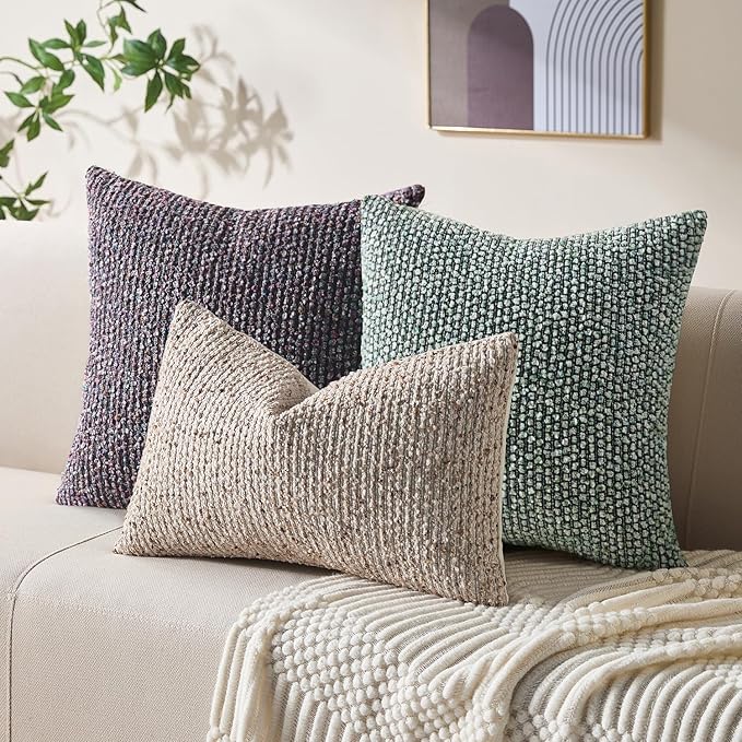 Decorative Couch Throw Pillow Covers 18x18 Purple Striped Soft Wool Pillow Covers Neutral Textured Boho Cushion Covers for Modern Farmhouse Sofa Bedroom Living Room Decor SY011-E18