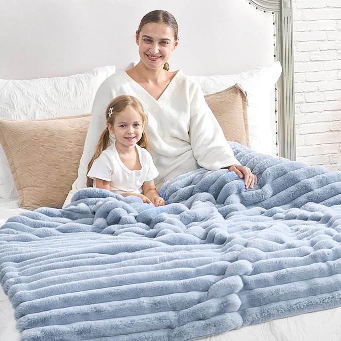 Cozy Bliss Faux Fur Throw Blanket for Couch, Cozy Warm Plush Striped Blanket for Sofa Bedroom Living Room, 90 * 90 Inches Light Blue