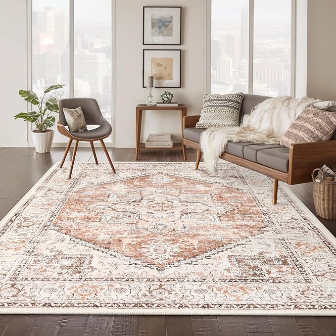 LIVEBOX 8x10 Area Rug for Living Room, Washable Orange Boho Rug, Soft Non-Slip, Low-Pile Vintage Medallion, Retro Faux Wool for Dining Room, Bedroom, Office