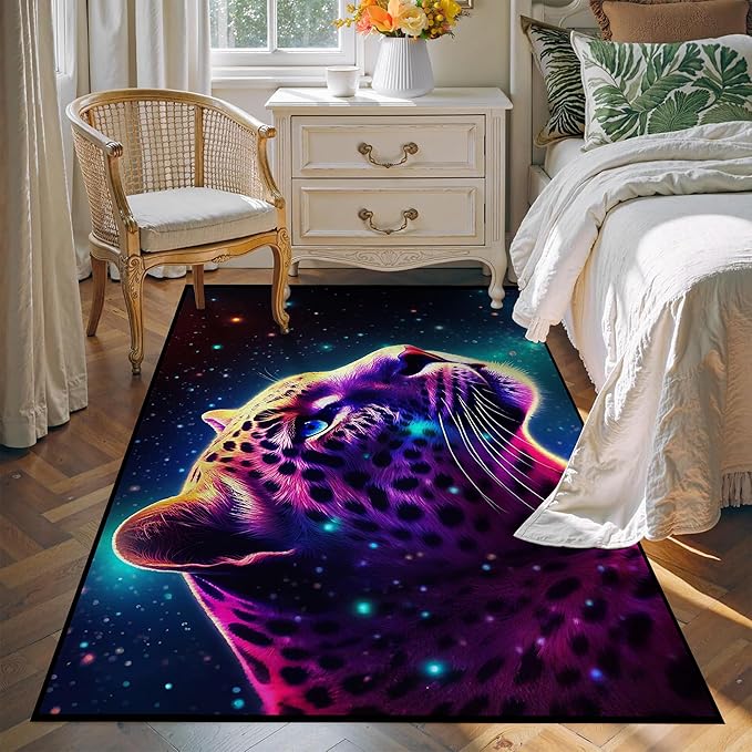 Galaxy Leopard Rug Large Fierce Panther Head Area Rugs for Boys Kids Bedroom Living Room Gameroom Girls Glitter Carpet Floor Mat Throw Rugs 71 in x 47 in