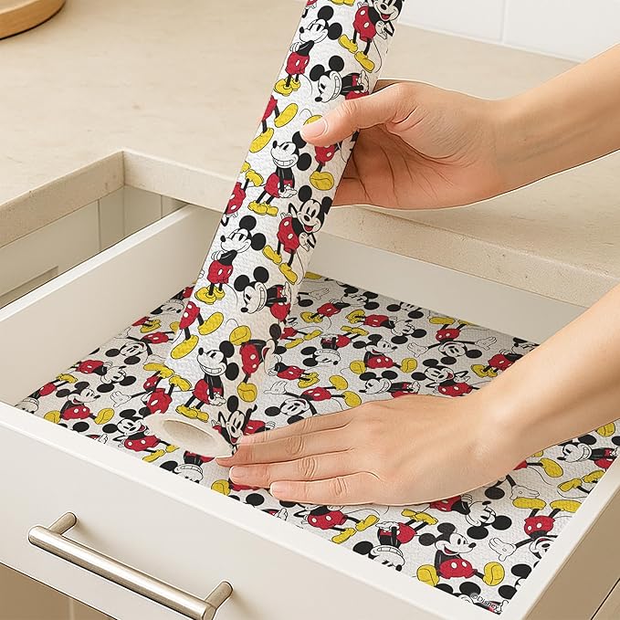 Disney Non Adhesive Shelf Liner – 18”x 10 ft Water-Resistant Drawer Liners for Kitchen Cabinets, Pantry, Fridge & Dressers – Easy Cut Cabinet Liner Roll- Mickey Mouse, Stitch & Winnie The Pooh