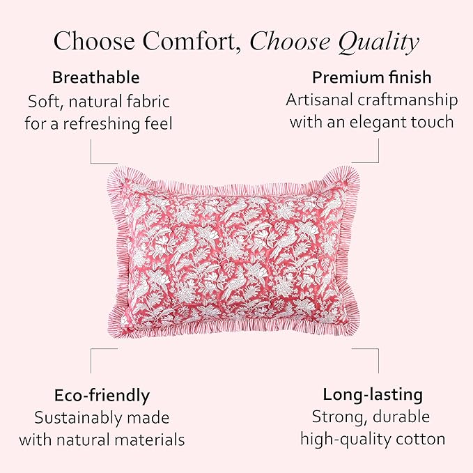 CPC Ruby Red 100% Cotton Block Print Ruffle Sham Cover 20X30 inch Pack of 2, Handmade Boho Floral Pillowcase, Soft Decorative Queen Bed Pillow Cover for Bedroom Décor