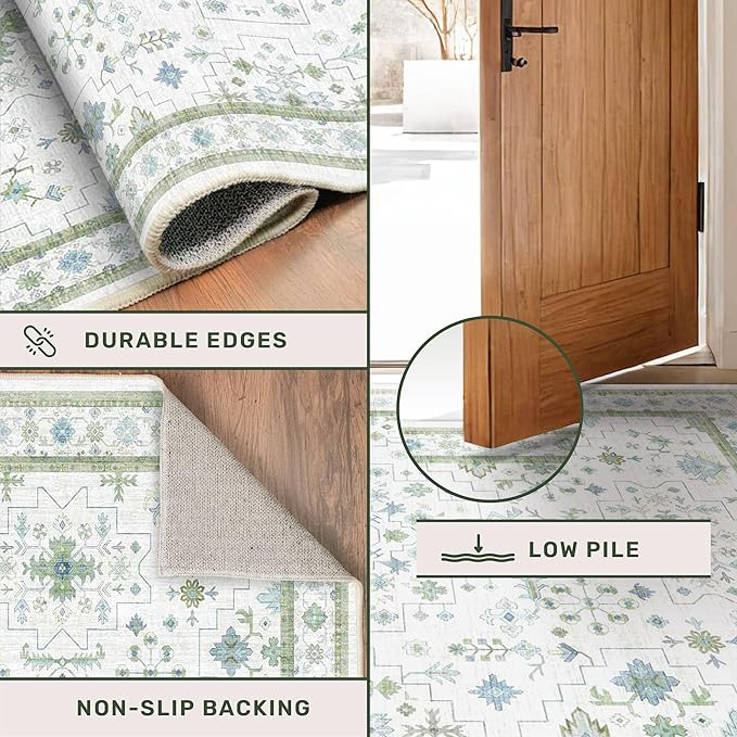 Oushak Wide Hallway Runner Rug 2'6"x10' - Vintage Turkish Floral, Washable Low Pile Non Slip 10ft Wide Runners for Kitchen, Hall Way - Blue and Green