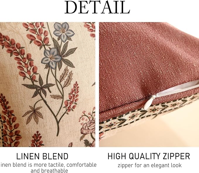 ISAENNE Design Linen Vintage Throw Pillow Covers 18"x18", Square Cushion Covers with Blue Pink Flowers Green Leaves Pattern Decoration Pillowcases for Bed,Living Room,Outdoor,Car
