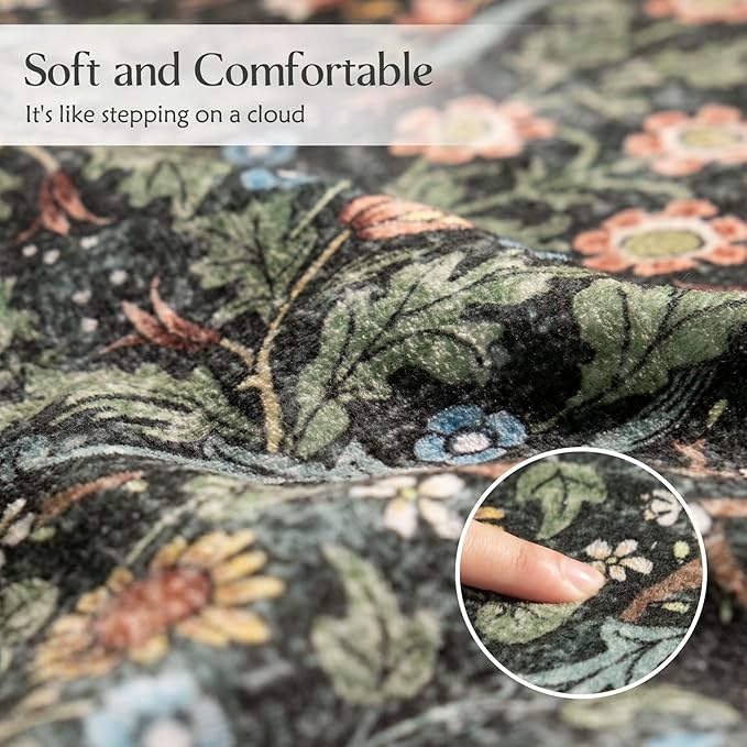 MUJOO 8x10 Area Rugs,Floral Washable Rugs for Living Room Dining Room Bedroom,Large Throw Carpet,Boho Non Slip Indoor Floor Big Soft Botanical Vintage Ultra-Thin Black and Green