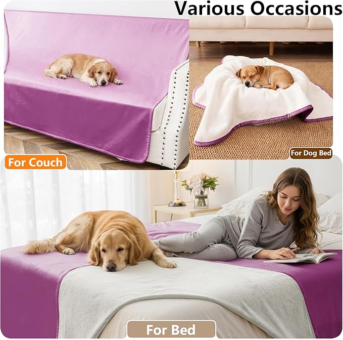 Waterproof Blanket for Bed, Leak Proof Dog Couch Blankets Reversible, Pet Throw Sofa Furniture Protector Machine Washable-82 x120,Purple+Cream