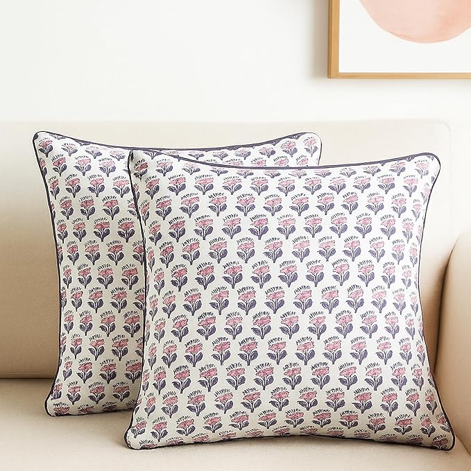 SheetKart Pure Cotton Throw Pillow Covers - Set of 2 - Hand Block Pure Cotton Printed Boho Decorative Pillow Covers - Cushion Covers for Living Room, Bohemian Theme, 18 x 18 Inches, Lavender Whisper