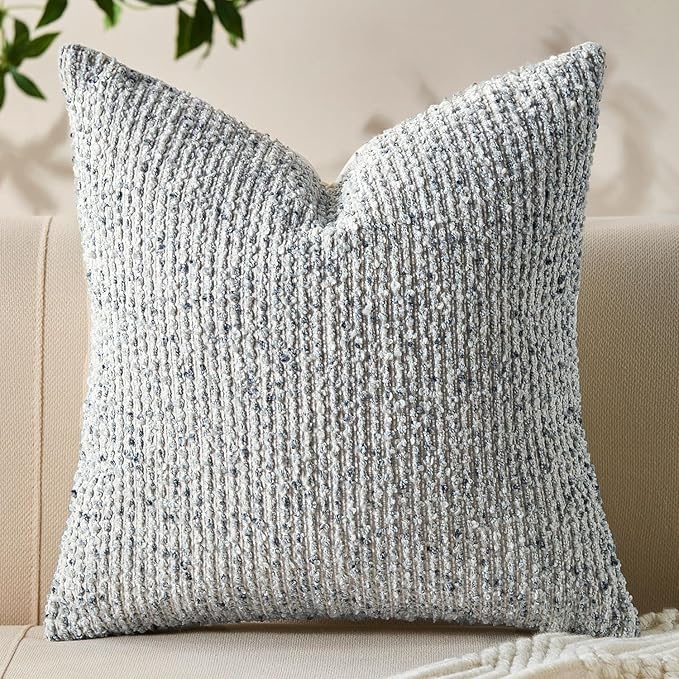 Decorative Couch Throw Pillow Covers 20x20 Blue Striped Soft Wool Pillow Covers Neutral Textured Boho Cushion Covers for Modern Farmhouse Sofa Bedroom Living Room Decor SY011-C20