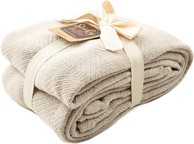 Sticky Toffee Cotton Throw Blanket, 60 x 50 Inch, Tan Beige Herringbone Weave, Soft Lightweight Woven Blanket for Couch, Boho Farmhouse Style
