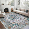 WILLSUN Washable Area Rugs, 8x10 Non-Slip Boho Large Area Rugs for Living Room, Bedroom, Machine Washable Vintage Rug, Indoor Floral Print Carpet for Home Decor, Kid & Pet Friendly Mat