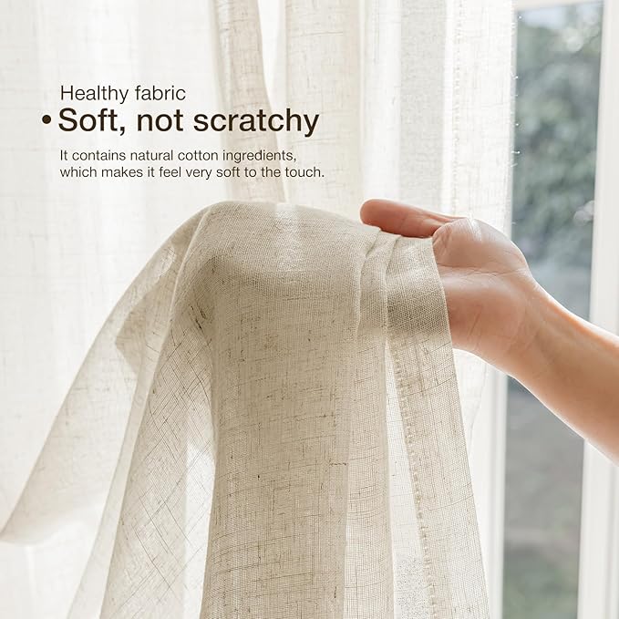 Anmao Natural Linen Curtains for Living Room 108 Inch Length 2 Panels Set, Light Filtering Semi Sheer Window Curtain Drapes for Bedroom with Curtain Rings and Clips, 52 Inch Wide Each Panel, Ecru