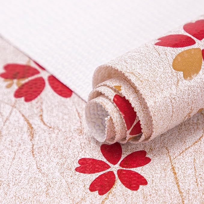 RAY STAR 18X96 Inch Shelf Liner for Kitchen Cabinets, Non-Adhesive Cabinet Liner Washable, PVC Drawer Liner for Dresser Non-Slip Bathroom (Red Floral)(3 Roll)