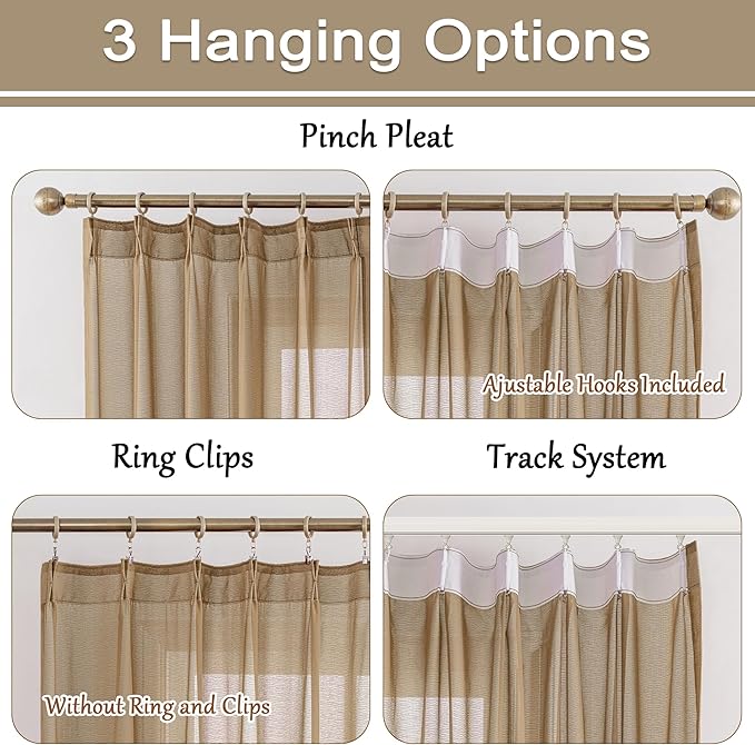 MAIHER 90 Inch Length Pinch Pleat Sheer Curtains for Bedroom Living Room Soft Touch Voile Light Filtering Pleated Drapes with Adjustable Hooks, Khaki, 42" W x 90" L, 2 Panels