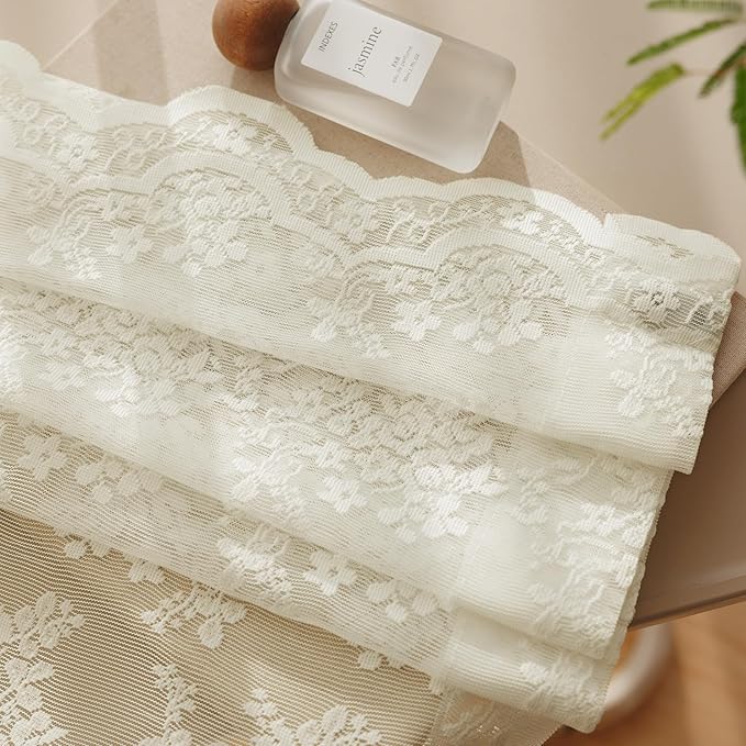 Anmao Vintage Lace Curtains 90 Inches Long 2 Panels Set, Romantic Elegant Light Filtering Semi Sheer Floral Thick Lacy Curtain Drapes for Living Room and Bedroom, Each Panel 55W x 90L, Ivory