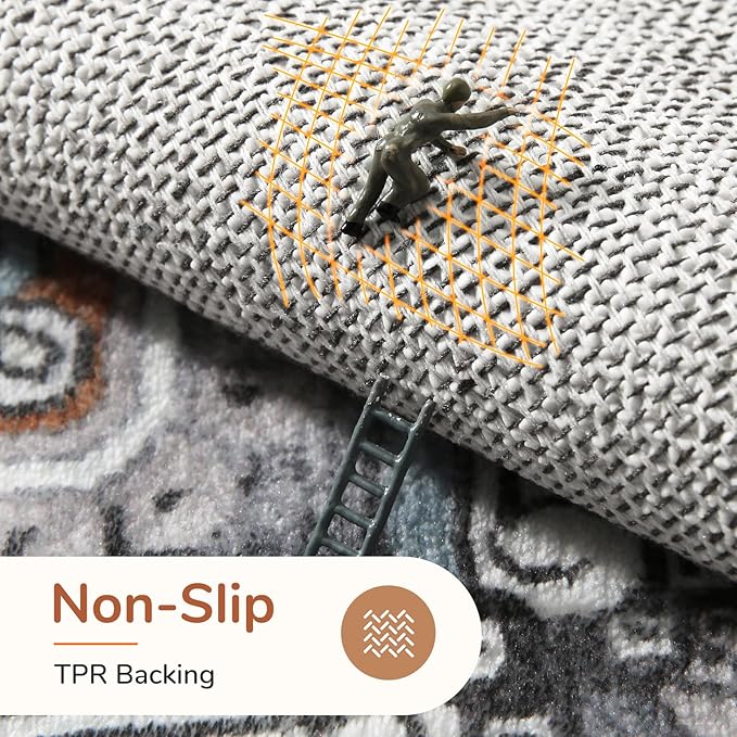OPPODREAM Thin 10x14 Area Rugs, Washable Rugs 10x14 with Non Slip Backing, Low-Pile Faux Cashmere 10 x 14 Carpet, Grey & Teal & Yellow