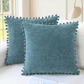 CaliTime Throw Pillow Covers Decorative 16 X 16 Inches Pack of 2 Cozy Solid Dyed Soft Chenille Cushion Cases with Pom Poms for Couch Sofa Bed Living Room Home Smoke Blue